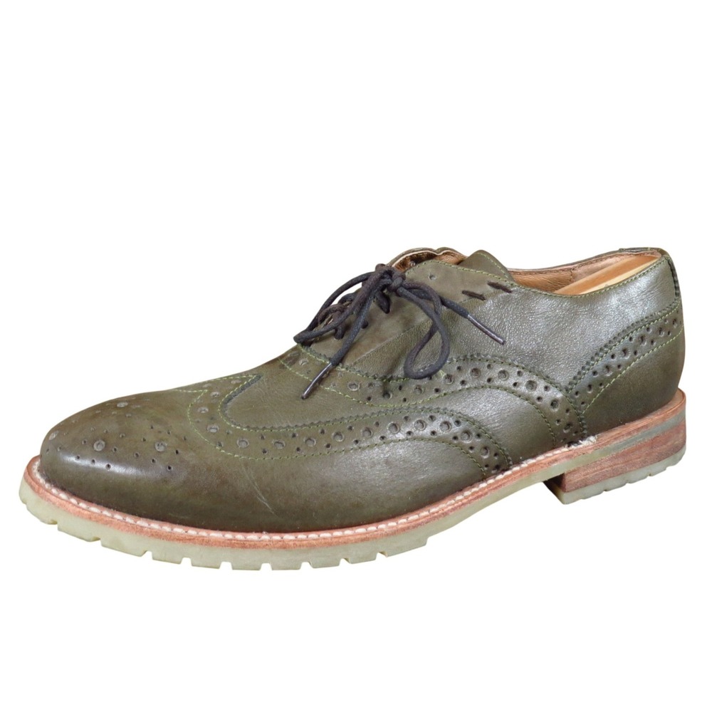 J.D. Fisk Mens Casual Wingtip Oxford Shoes Size 9.5 Olive Green Leather Lug Sole